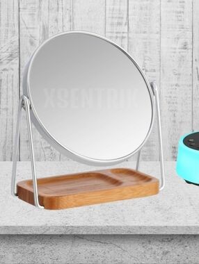 Chrome Rim Mirror with Bamboo Base - Sleek Silver and Natural Wood
